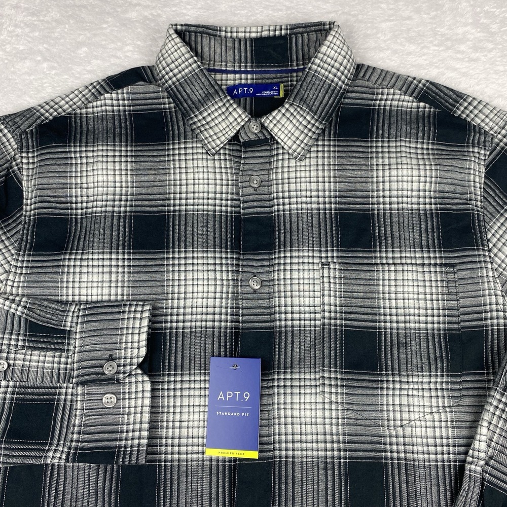 APT. 9 Premier Flex Shirt Mens XL Black/White Plaid Standard Fit Soft Touch NWT!